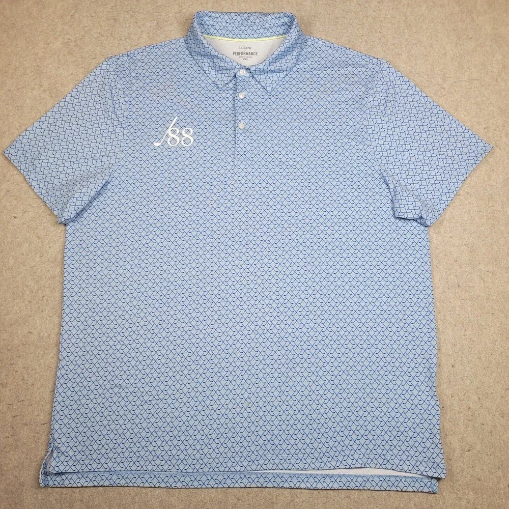 J Crew Golf Performance Polo Shirt‎ Mens 2XL Blue Short Sleeve Golf Club Print